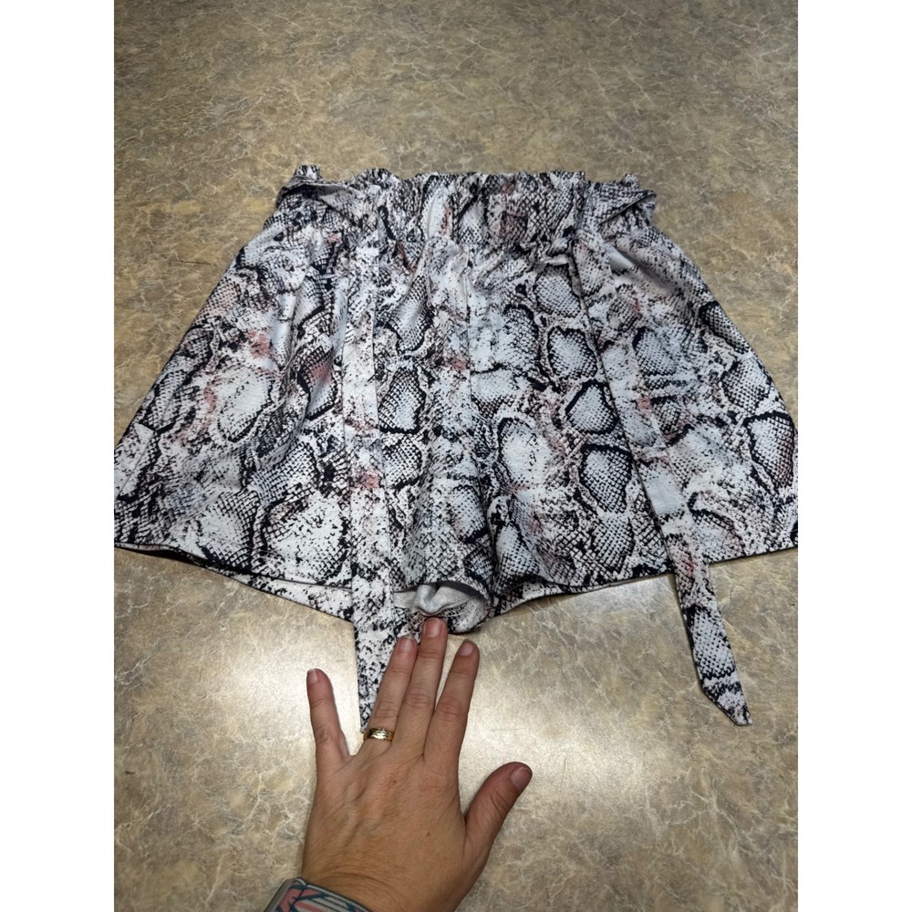 Womens Grey Snakeskin Print Paperbag Waist Shorts with Tie Belt Small